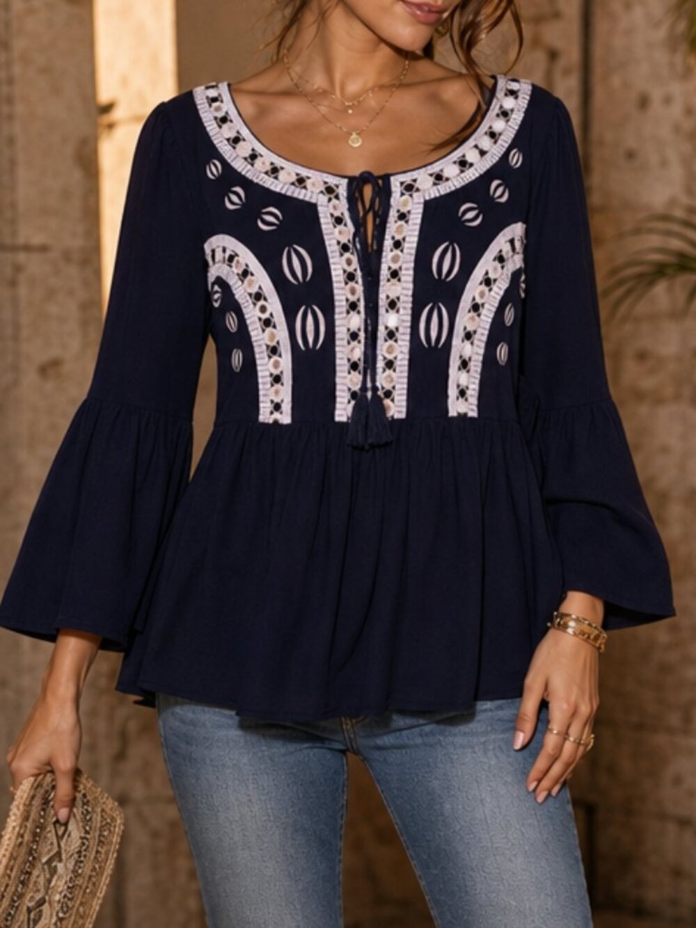 Crown & Ivy Boho Office Blue and White Embroidered Cotton Boho Blouse Top 0X